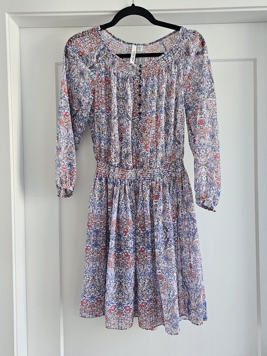 Ever New Dresses & Skirts - Ever New Blue & Coral Floral Long-Sleeve Smock Dress Sheer Mini Size Small